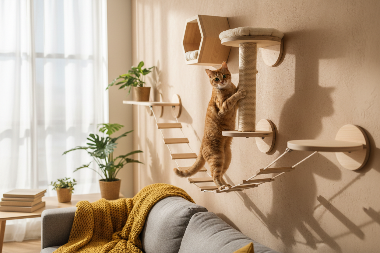 Cat on climbing set with scratching post