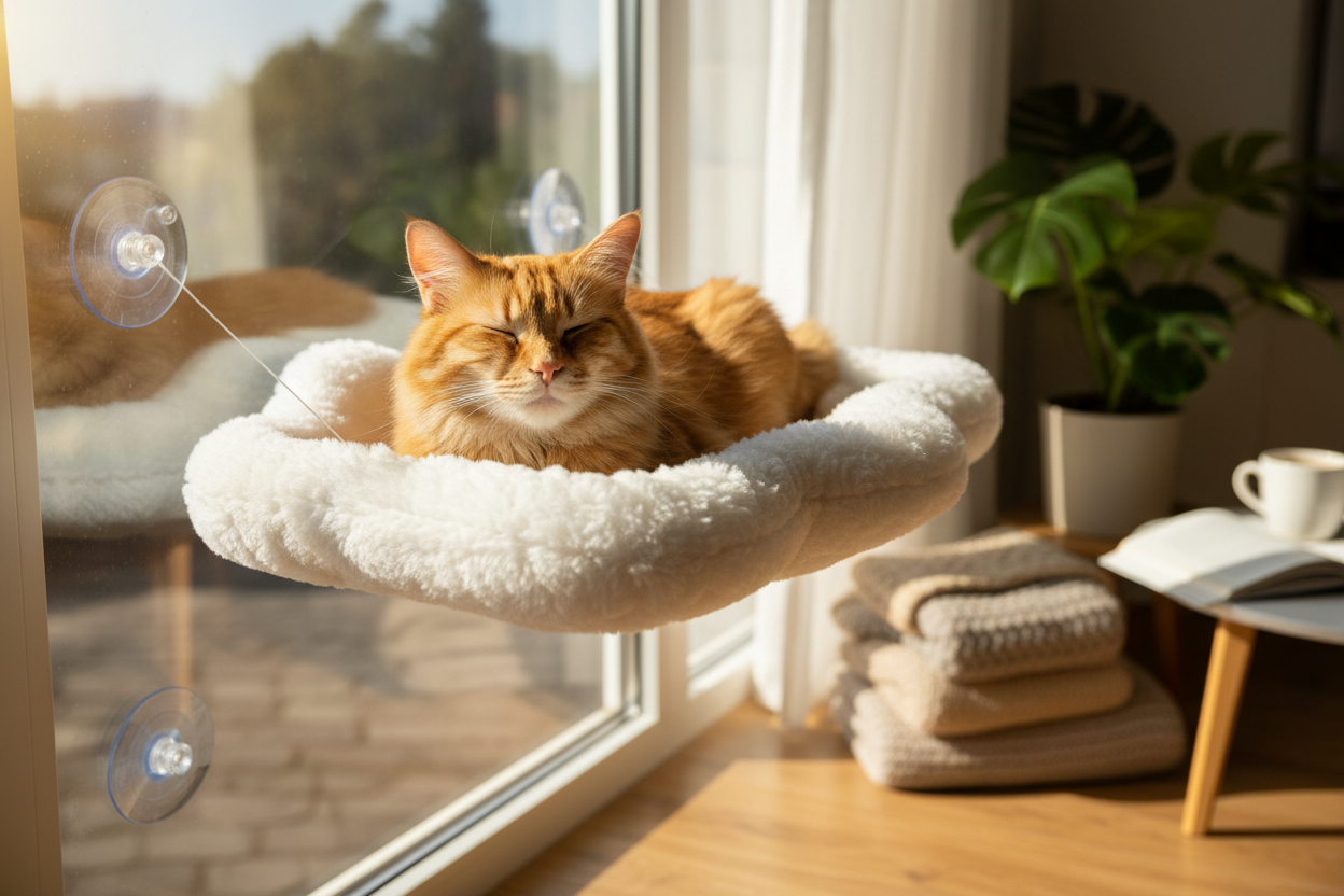 Cat relaxing in window hammock