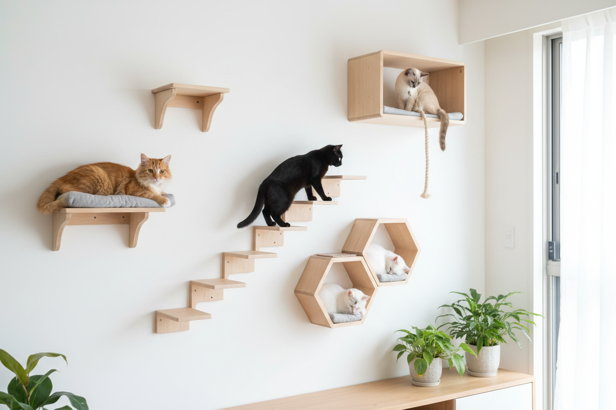 Multiple cats on wall furniture